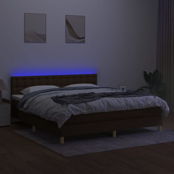 Боксспринг легло с матрак и LED, тъмнокафяво, 160x200 см, плат