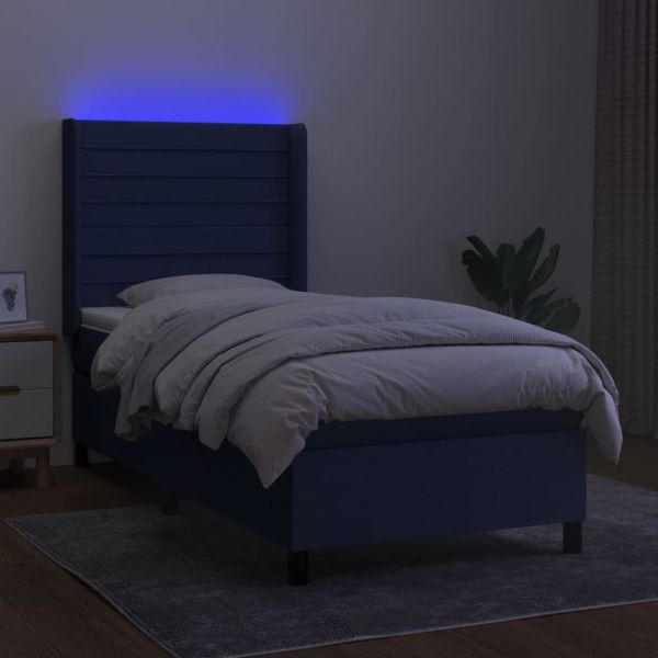 Боксспринг легло с матрак и LED, синьо, 80x200 см, плат