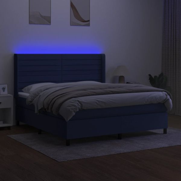 Боксспринг легло с матрак и LED, синьо, 160x200 см, плат