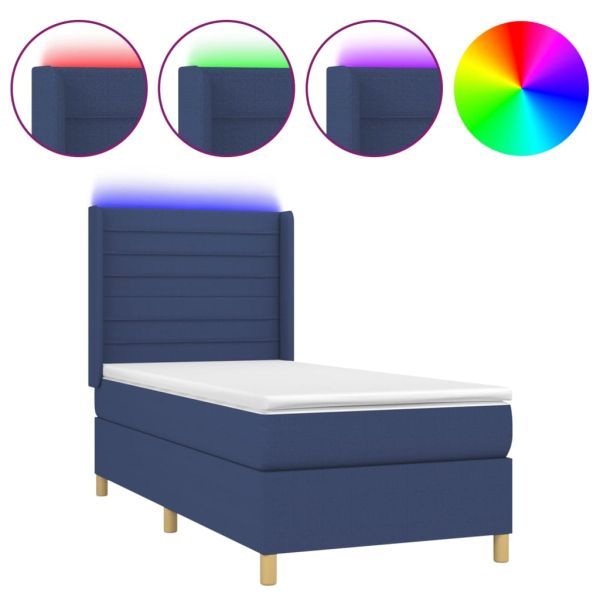 Боксспринг легло с матрак и LED, синьо, 80x200 см, плат