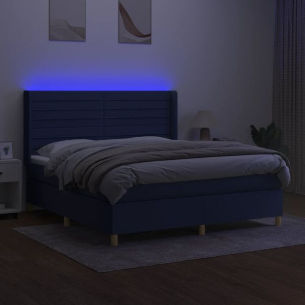Боксспринг легло с матрак и LED, синьо, 160x200 см, плат