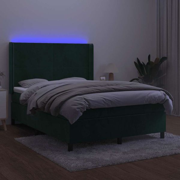 Боксспринг легло с матрак и LED, тъмнозелено, 140x190см, кадифе