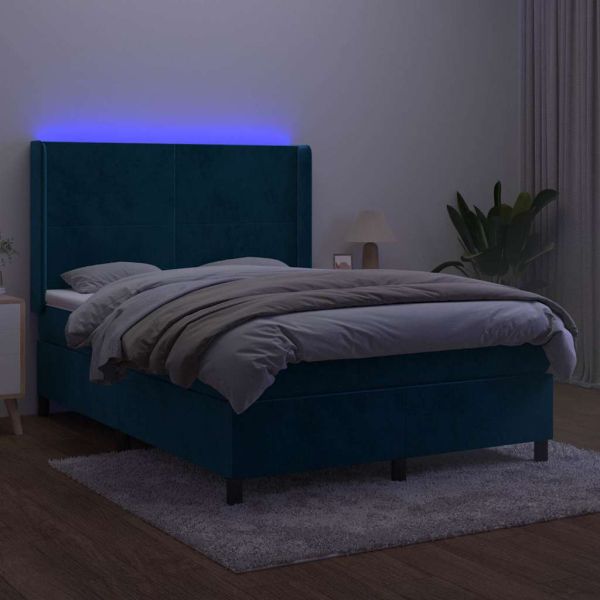 Боксспринг легло с матрак и LED, тъмносиньо, 140x200 см, кадифе