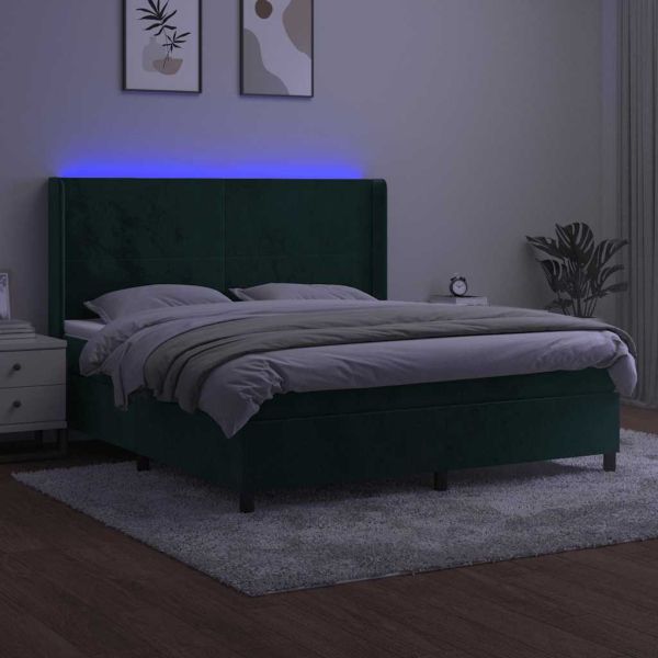 Боксспринг легло с матрак и LED, тъмнозелено, 180x200см, кадифе