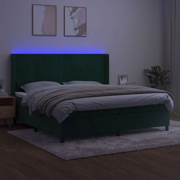 Боксспринг легло с матрак и LED, тъмнозелено, 200x200см, кадифе
