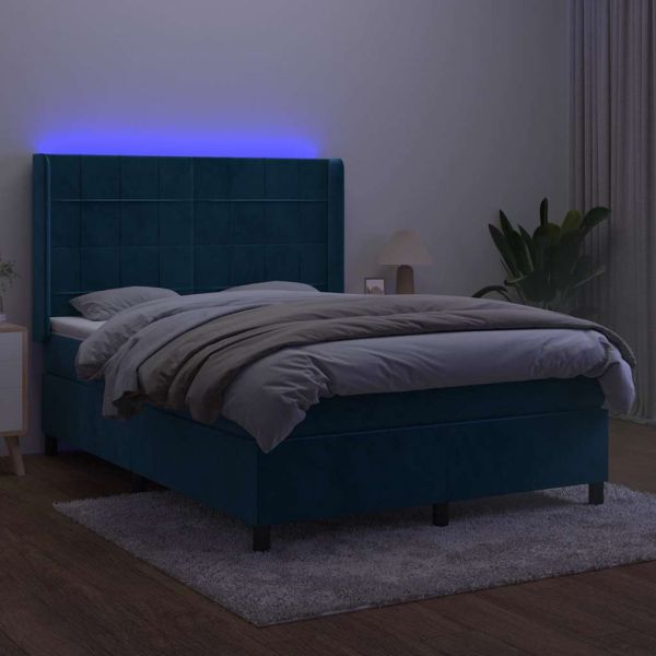 Боксспринг легло с матрак и LED, тъмносиньо, 140x190 см, кадифе
