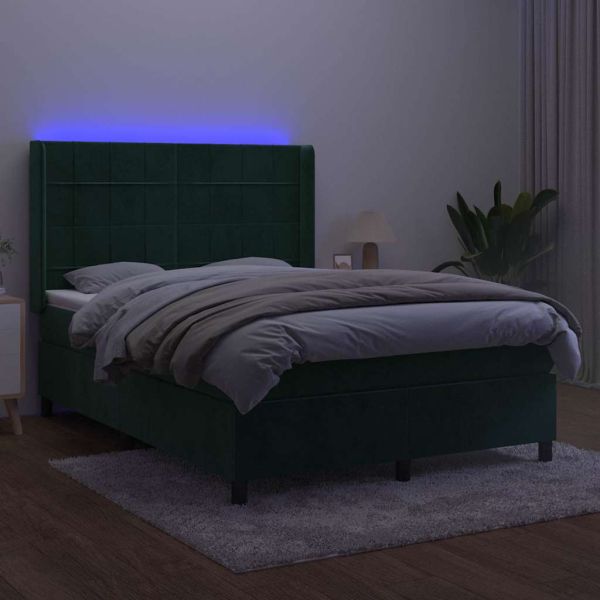 Боксспринг легло с матрак и LED, тъмнозелено, 140x200см, кадифе