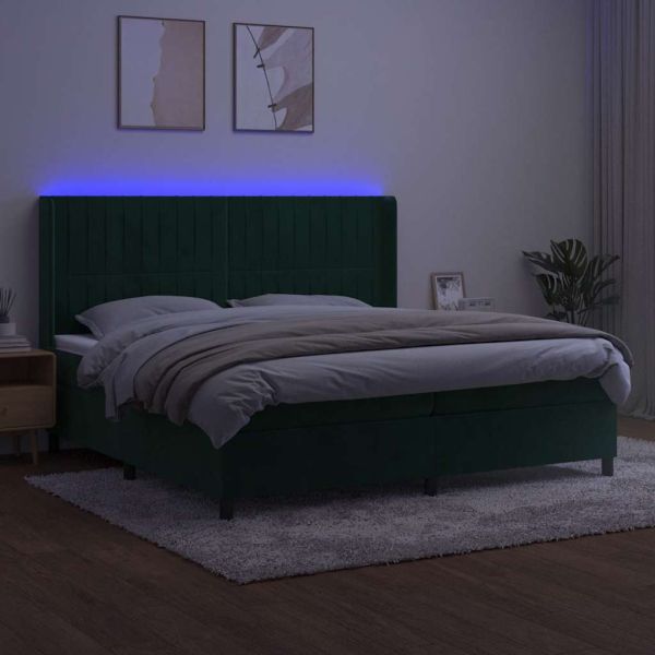 Боксспринг легло с матрак и LED, тъмнозелено, 200x200см, кадифе