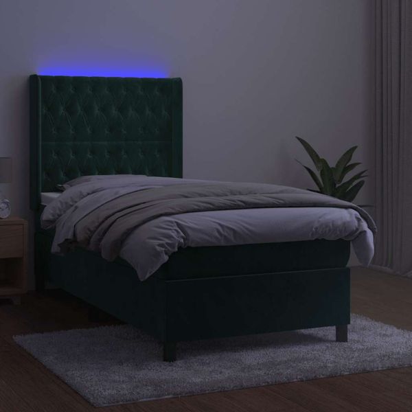 Боксспринг легло с матрак и LED, тъмнозелено, 90x200 см, кадифе