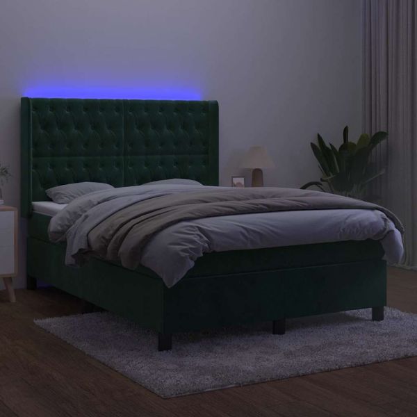 Боксспринг легло с матрак и LED, тъмнозелено, 140x200см, кадифе