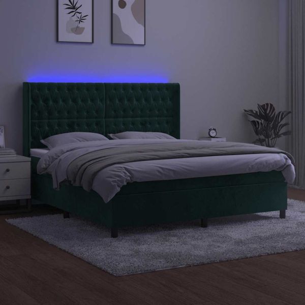 Боксспринг легло с матрак и LED, тъмнозелено, 160x200см, кадифе
