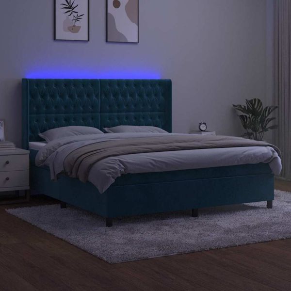 Боксспринг легло с матрак и LED, тъмносиньо, 160x200 см, кадифе