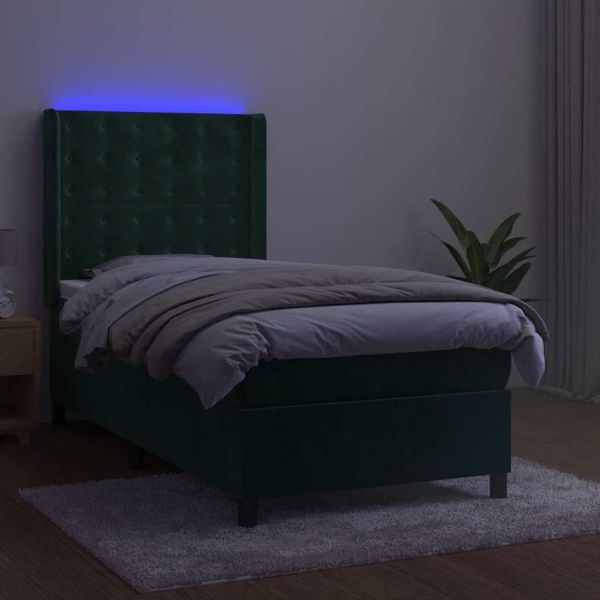 Боксспринг легло с матрак и LED, тъмнозелено, 80x200 см, кадифе