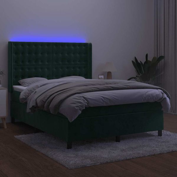 Боксспринг легло с матрак и LED, тъмнозелено, 140x190см, кадифе