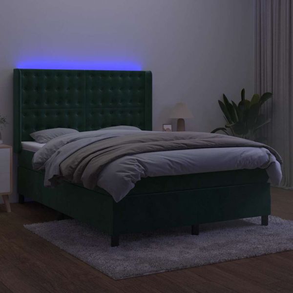 Боксспринг легло с матрак и LED, тъмнозелено, 140x200см, кадифе
