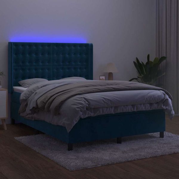 Боксспринг легло с матрак и LED, тъмносиньо, 140x200 см, кадифе