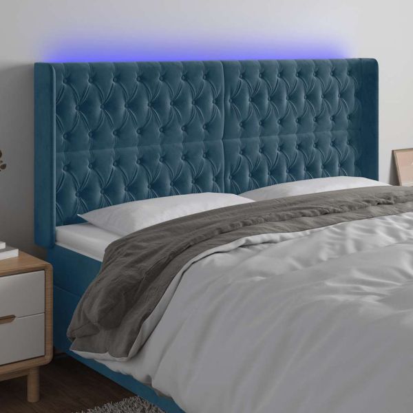 LED горна табла за легло, тъмносиня, 203x16x118/128 см, кадифе