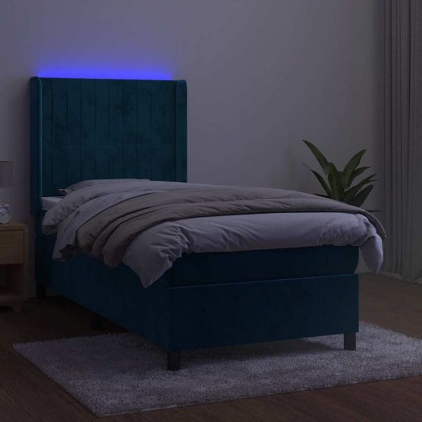 Боксспринг легло с матрак и LED, тъмносиньо, 90x200 см, кадифе