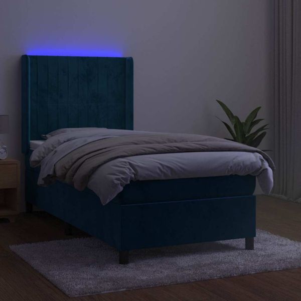 Боксспринг легло с матрак и LED, тъмносиньо, 100x200 см, кадифе