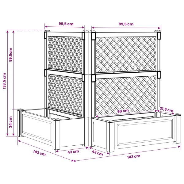 Голяма саксия с решетка 2 pcs Бяло 143 x 143 x 133,5 см ПП