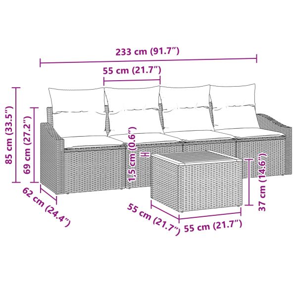 Градински Софа Комплект с възглавница 5 pcs Черно полиратан