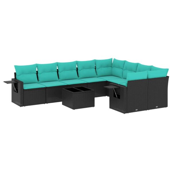 Комплект градински дивани с възглавници, 10 части, черен полиратан