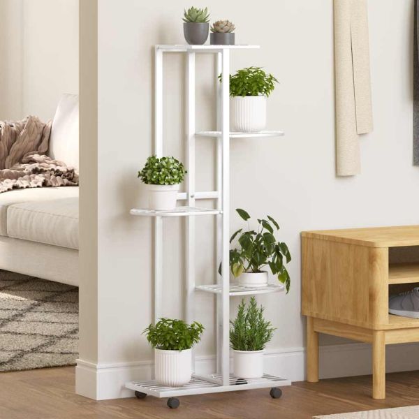 5-етажна стойка за цветя с колелца 44x23x100 см, бяло желязо