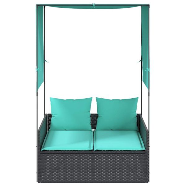 Двоен шезлонг със покрив и завеси, черен полиратан