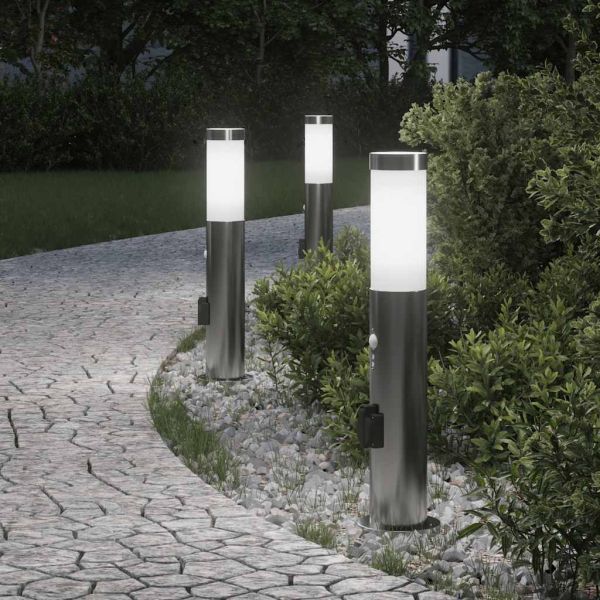 Осветителни стълбове с датчик и контакт, 3 бр., 50 см, неръждаема стомана, IP44