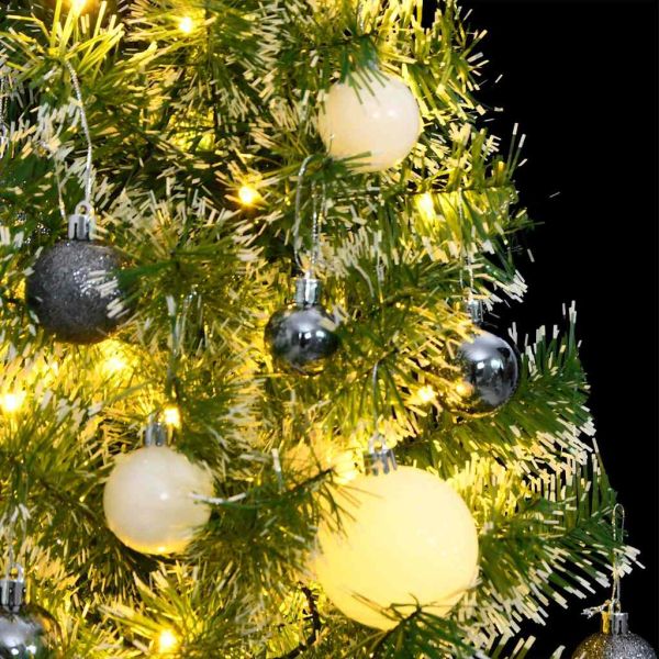 Изкуствена коледна елха, 150 LED, топки и флокиран сняг, 120 см