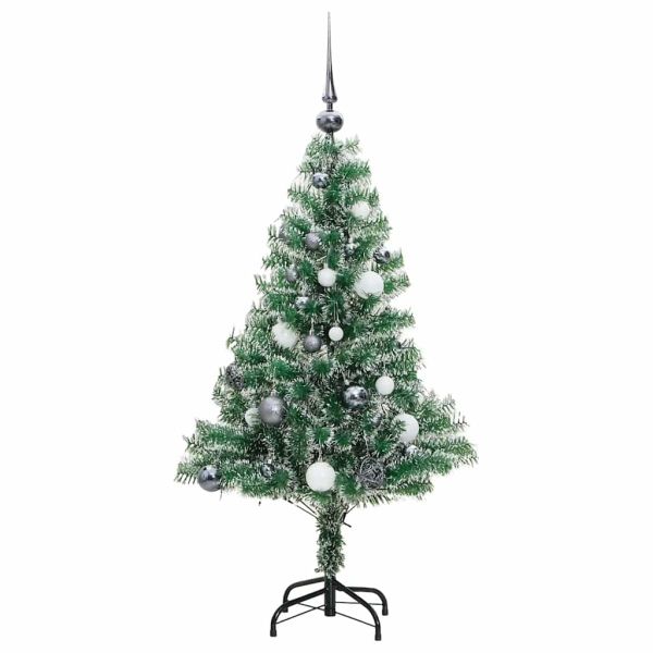Изкуствена коледна елха, 150 LED, топки и флокиран сняг, 120 см