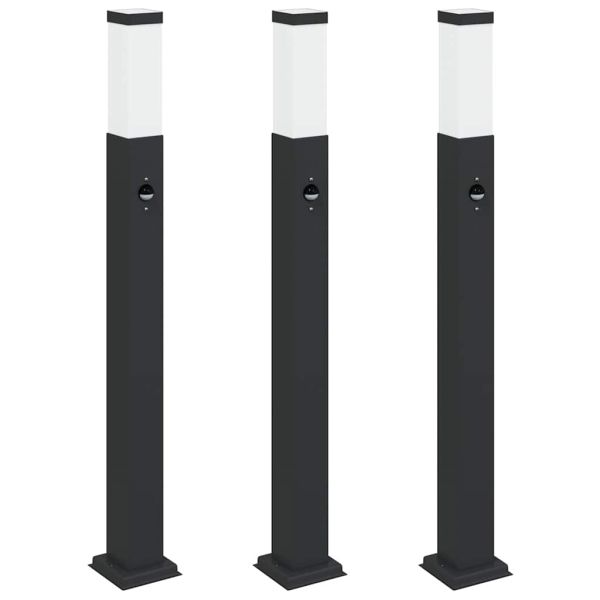 Осветителни стълбове с датчик, 3 бр., 80 см, черни, IP44