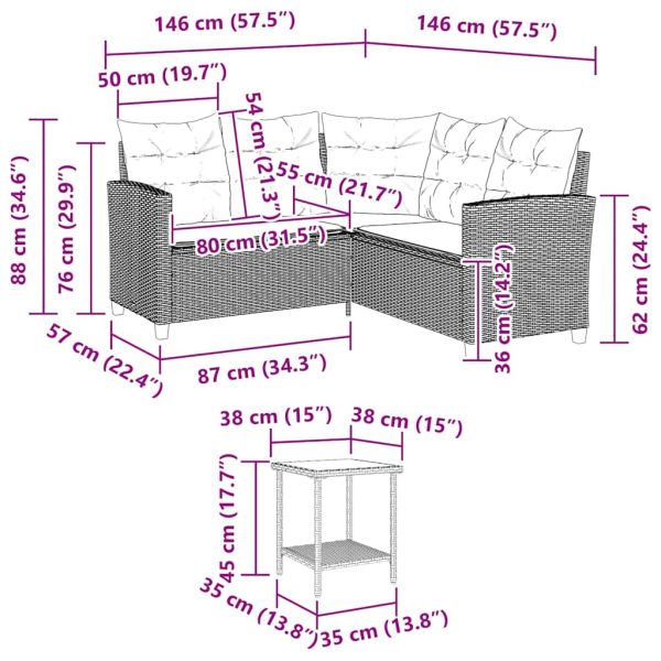 Градински диван с маса и възглавници, L-образен, сив, полиратан