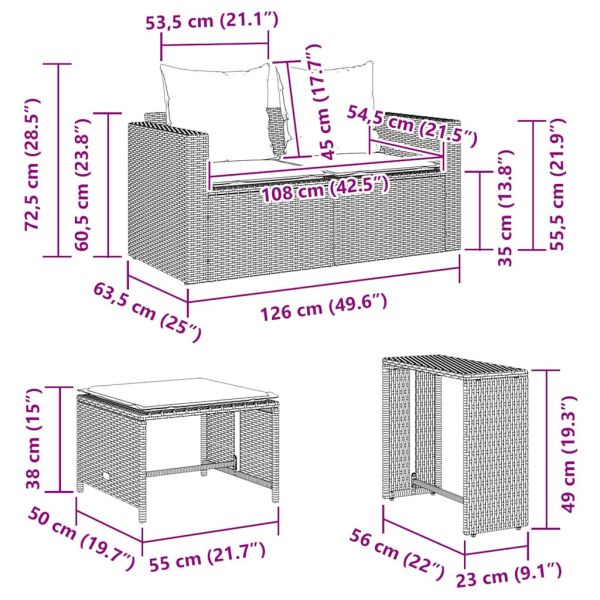 Градински комплект от 5 дивана с възглавници, подреждащ се един върху друг, светлосив, полиратан