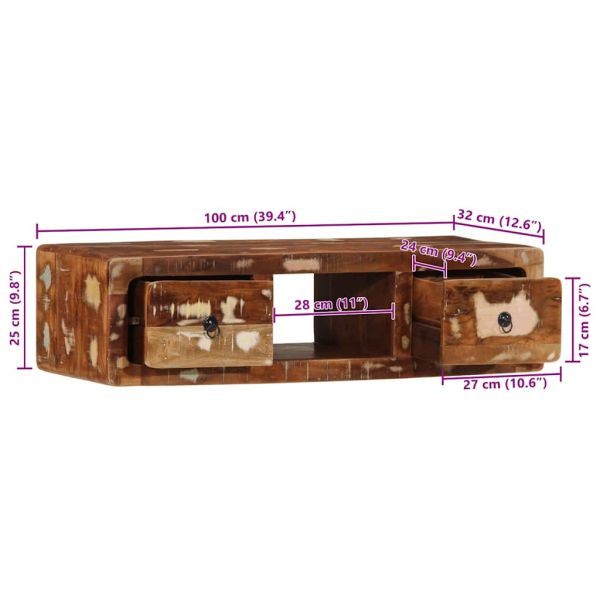 Стенен ТВ шкаф 100x32x25 см, масивна дървесина, регенерирана