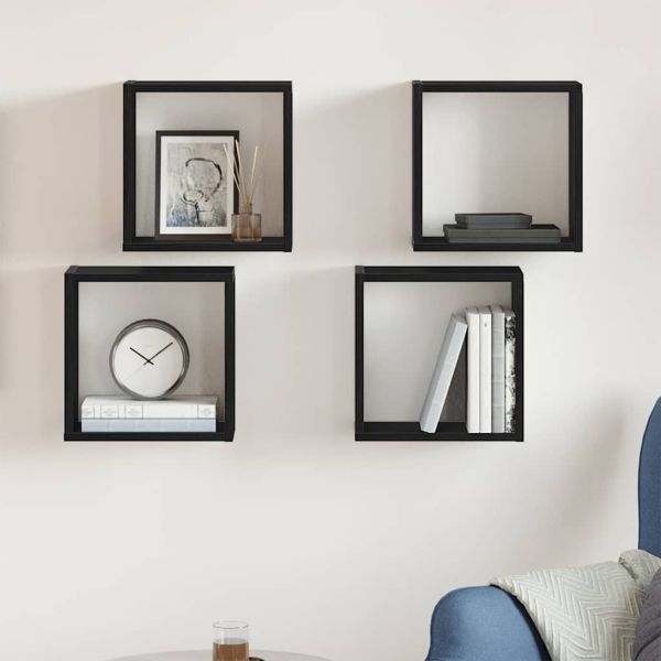 Стенни кубични рафтове, 4 бр., черен дъб, 30x15x30 см, инженерно дърво