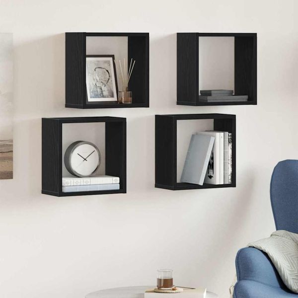 Стенни кубични рафтове, 4 бр., черен дъб, 30x15x30 см, инженерно дърво