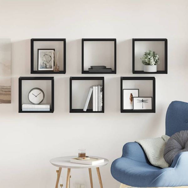 Стенни кубични рафтове, 6 бр., черен дъб, 30x15x30 см, инженерно дърво