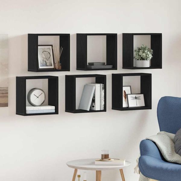 Стенни кубични рафтове, 6 бр., черен дъб, 30x15x30 см, инженерно дърво