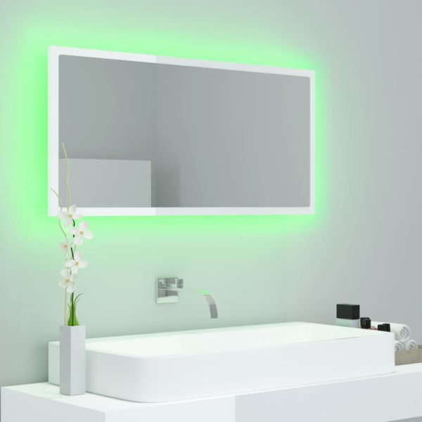 LED огледало за баня, бял гланц, 90x8,5x37 см, акрил