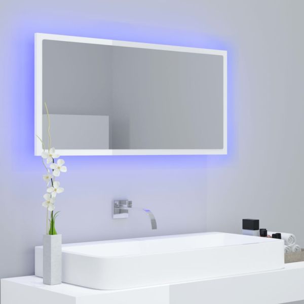 LED огледало за баня, бял гланц, 90x8,5x37 см, акрил