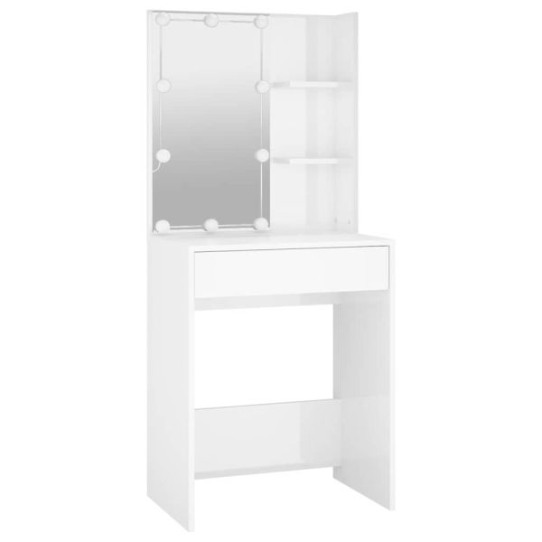 Тоалетка с LED, бял гланц, 60x40x140 см