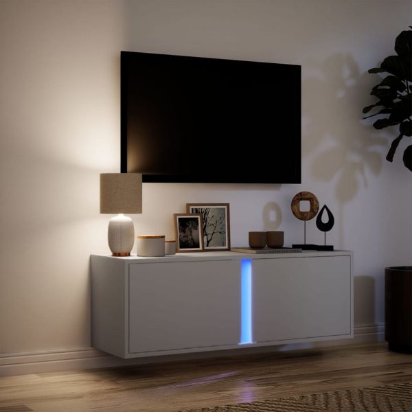 Стенен ТВ шкаф с LED осветление, бял, 100x31x35 см