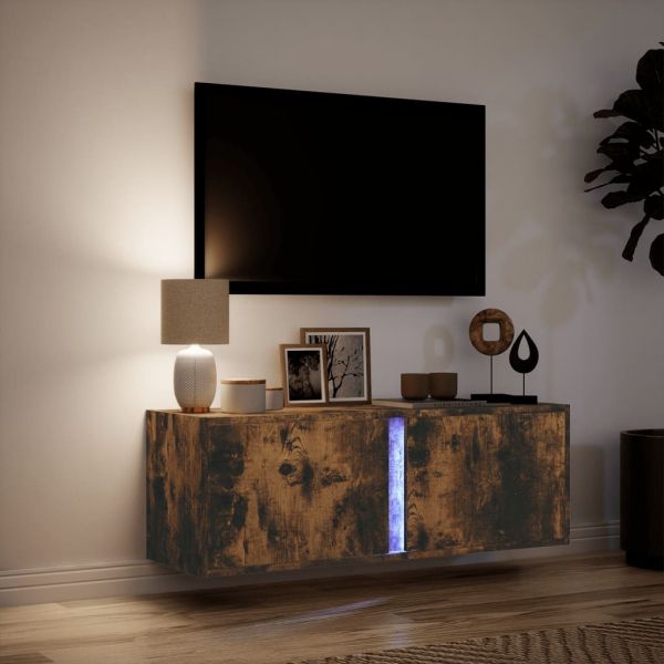 Стенен ТВ шкаф с LED осветление, опушен дъб, 100x31x35 см