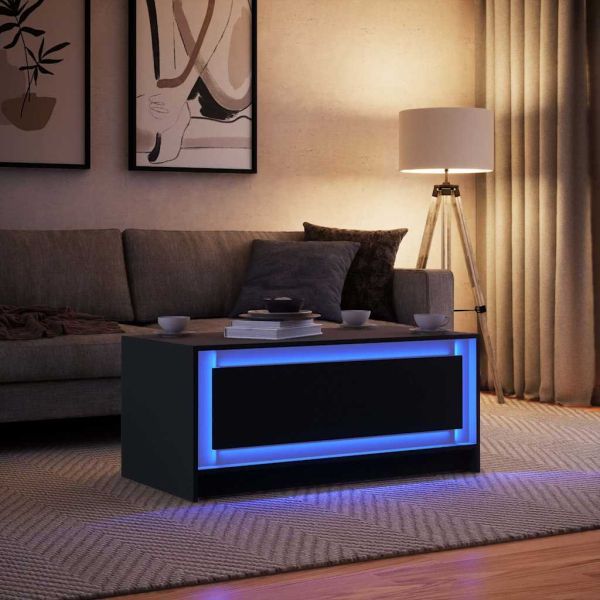Маса за кафе с LED осветление, черна, инженерно дърво