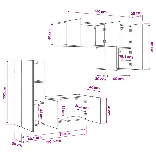 Телевизионен стенен шкаф 5 pcs Черния дъб Инженерно дърво