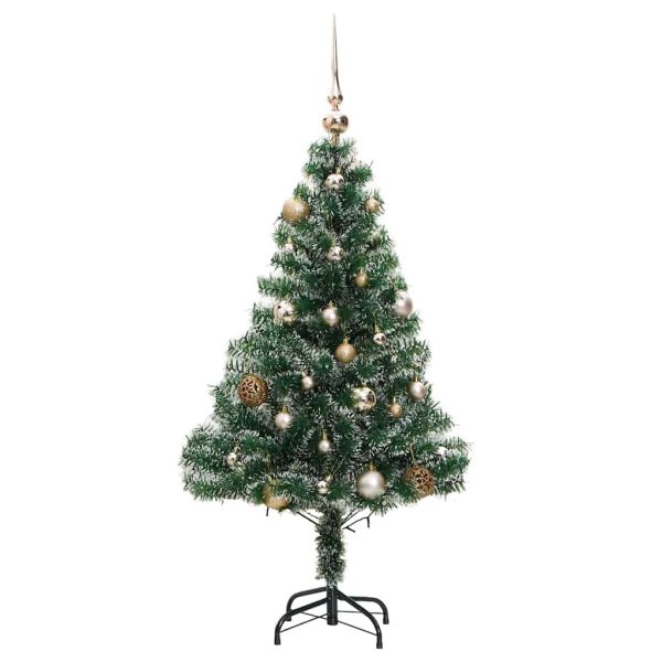 Изкуствена коледна елха, 150 LED, топки и флокиран сняг, 120 см