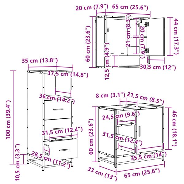 Комплект мебели за баня 3 бр. Дъб 65 x 33 x 60 см