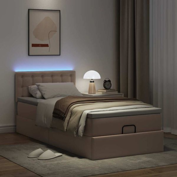 Османска легло с матраци&LED, капучино 90x200см изкуствена кожа