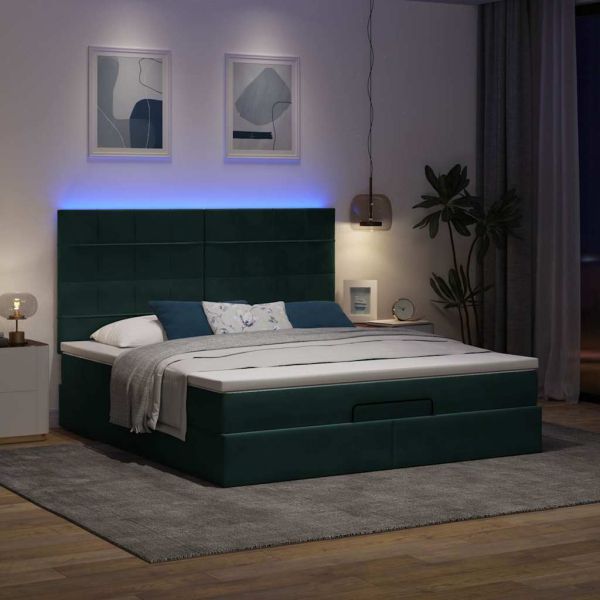 Османска легло с матраци и LED, тъмнозелено, 160x200 см, кадифе